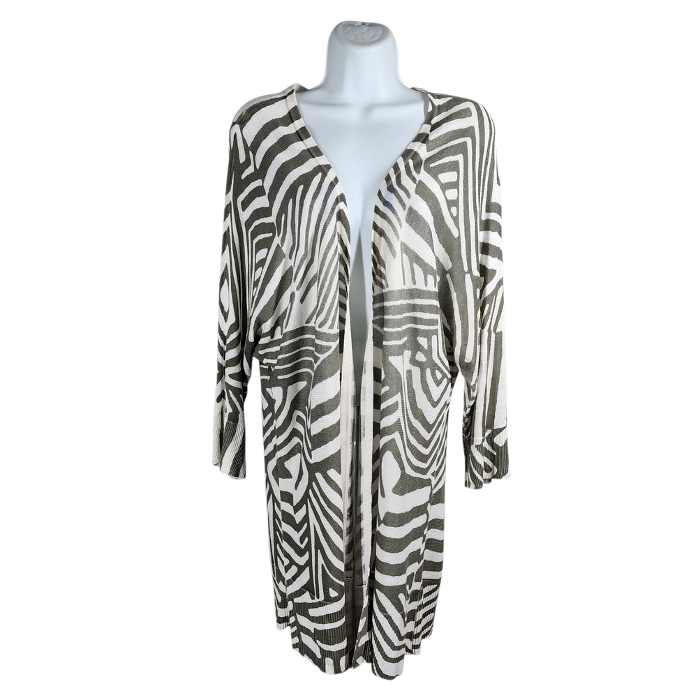 CHICO'S ABSTRACT PRINT OPEN FRONT CARDIGAN